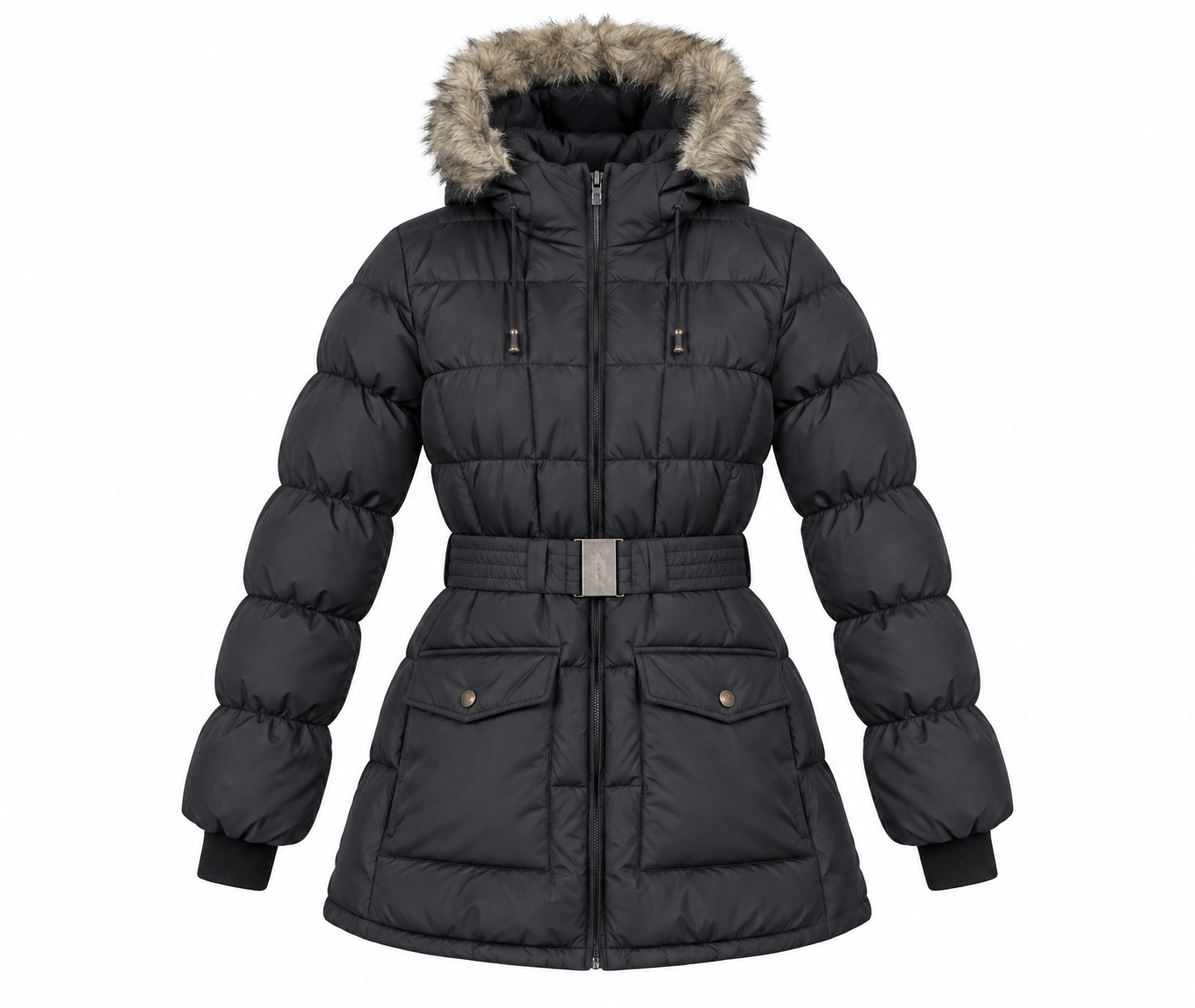  Dare 2B women’s black faux fur hooded belted puffer coat in UK size 36. Warm quilted winter jacket with zip closure and flap pockets.
