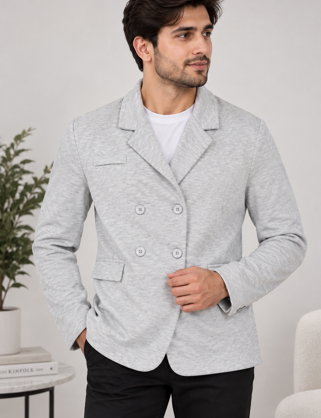 DAZY men’s light grey double-breasted blazer in UK Size XL. A stylish smart-casual jacket ideal for office, parties and formal occasions.