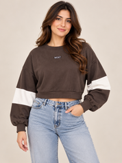 DAZY Women's Brown Cropped Sweatshirt in UK Size M. Features white colour-block sleeves, relaxed fit and trendy casual streetwear styling.