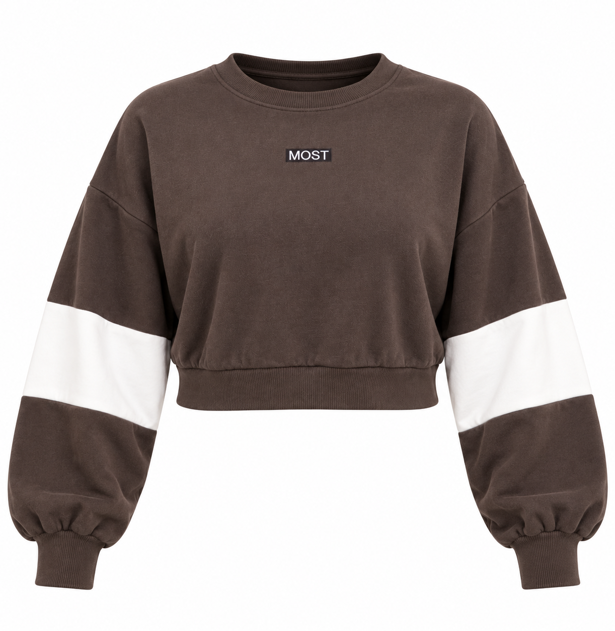 DAZY Women's Brown Cropped Sweatshirt in UK Size M. Features white colour-block sleeves, relaxed fit and trendy casual streetwear styling.
