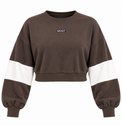 DAZY Women's Brown Cropped Sweatshirt in UK Size M. Features white colour-block sleeves, relaxed fit and trendy casual streetwear styling.