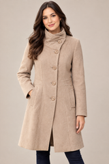 Debenhams Women Beige Longline Coat with High Neck & Button Front
