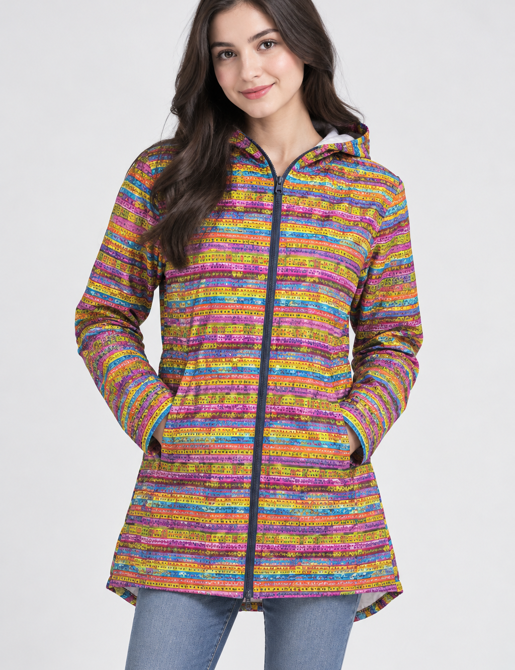  Denim CO women’s multicolour hooded zip-up jacket in UK size S, featuring a vibrant patterned design, front pockets and lightweight everyday style.