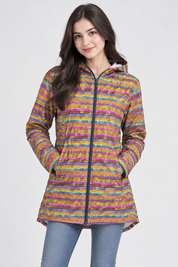  Denim CO women’s multicolour hooded zip-up jacket in UK size S, featuring a vibrant patterned design, front pockets and lightweight everyday style.