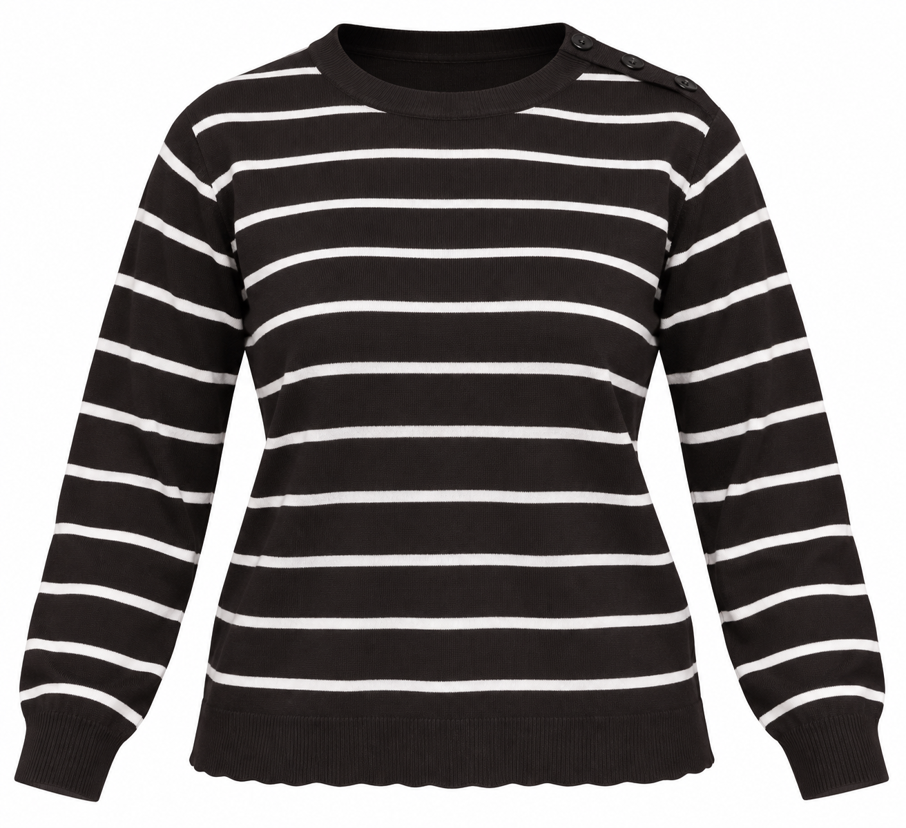  Denim Industry Women’s Black & White Striped Knit Jumper in UK Size L. Classic crew neck, long sleeves and stylish shoulder button detailing.