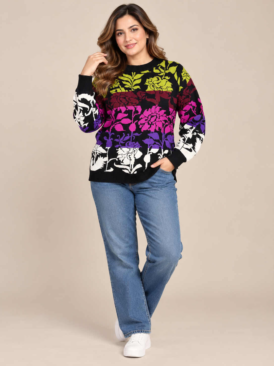 Desigual Women's Multicolour Floral Knitted Jumper in UK Size M. Stylish black crew neck sweater with vibrant floral patterns for casual everyday wear.