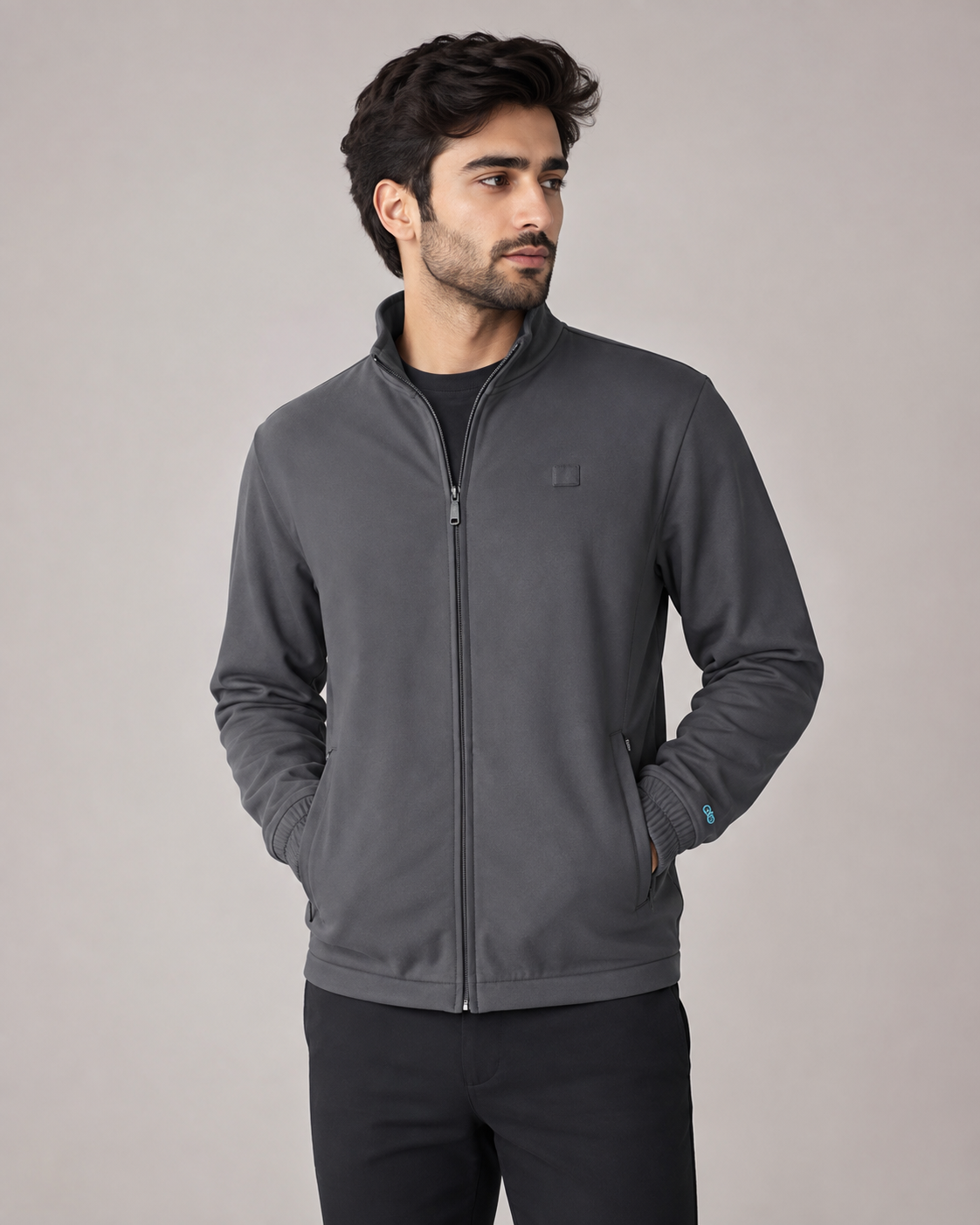  Dimensions Men’s Charcoal Grey Full-Zip Track Jacket featuring a high neck, zip pockets and ribbed cuffs. Stylish, versatile everyday menswear.