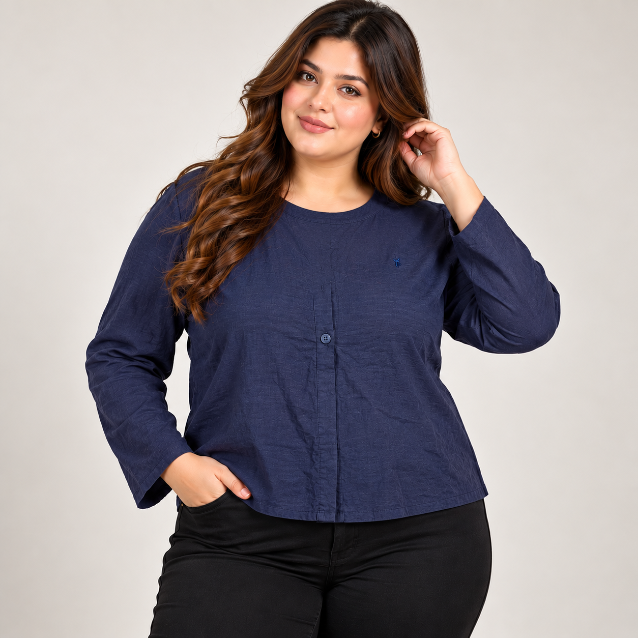 DIMENSIONS women's navy blue crew neck top in UK size 3XL. Features long sleeves, textured fabric and single-button detail. Stylish plus-size casual wear.