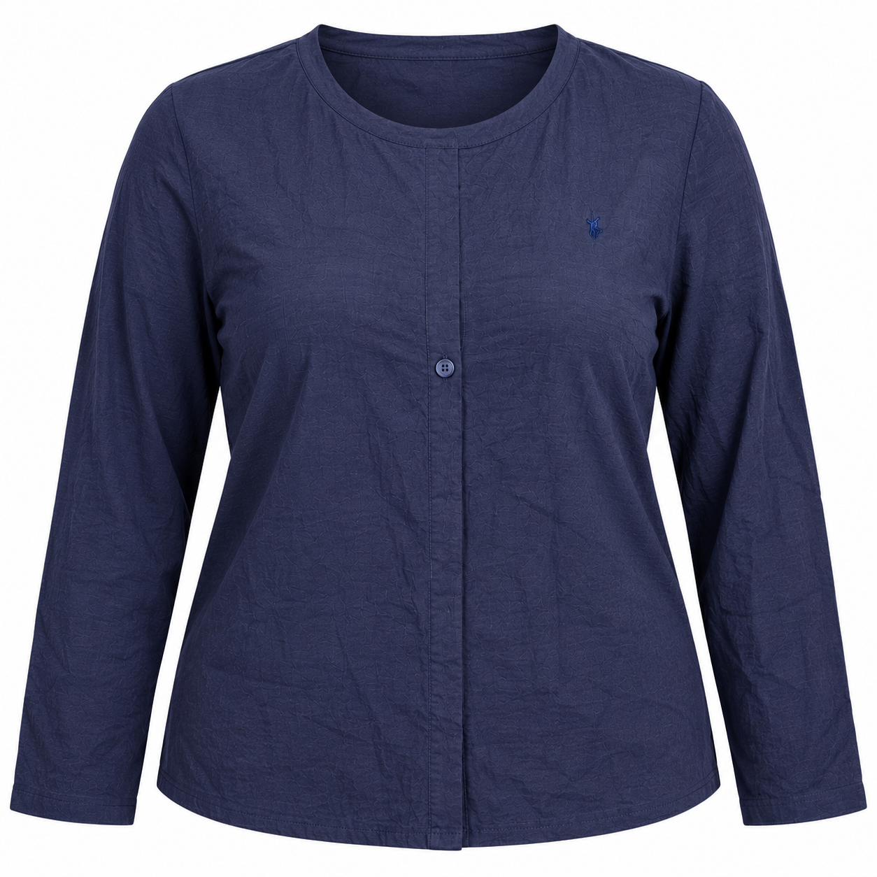 DIMENSIONS women's navy blue crew neck top in UK size 3XL. Features long sleeves, textured fabric and single-button detail. Stylish plus-size casual wear.