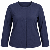 DIMENSIONS women's navy blue crew neck top in UK size 3XL. Features long sleeves, textured fabric and single-button detail. Stylish plus-size casual wear.