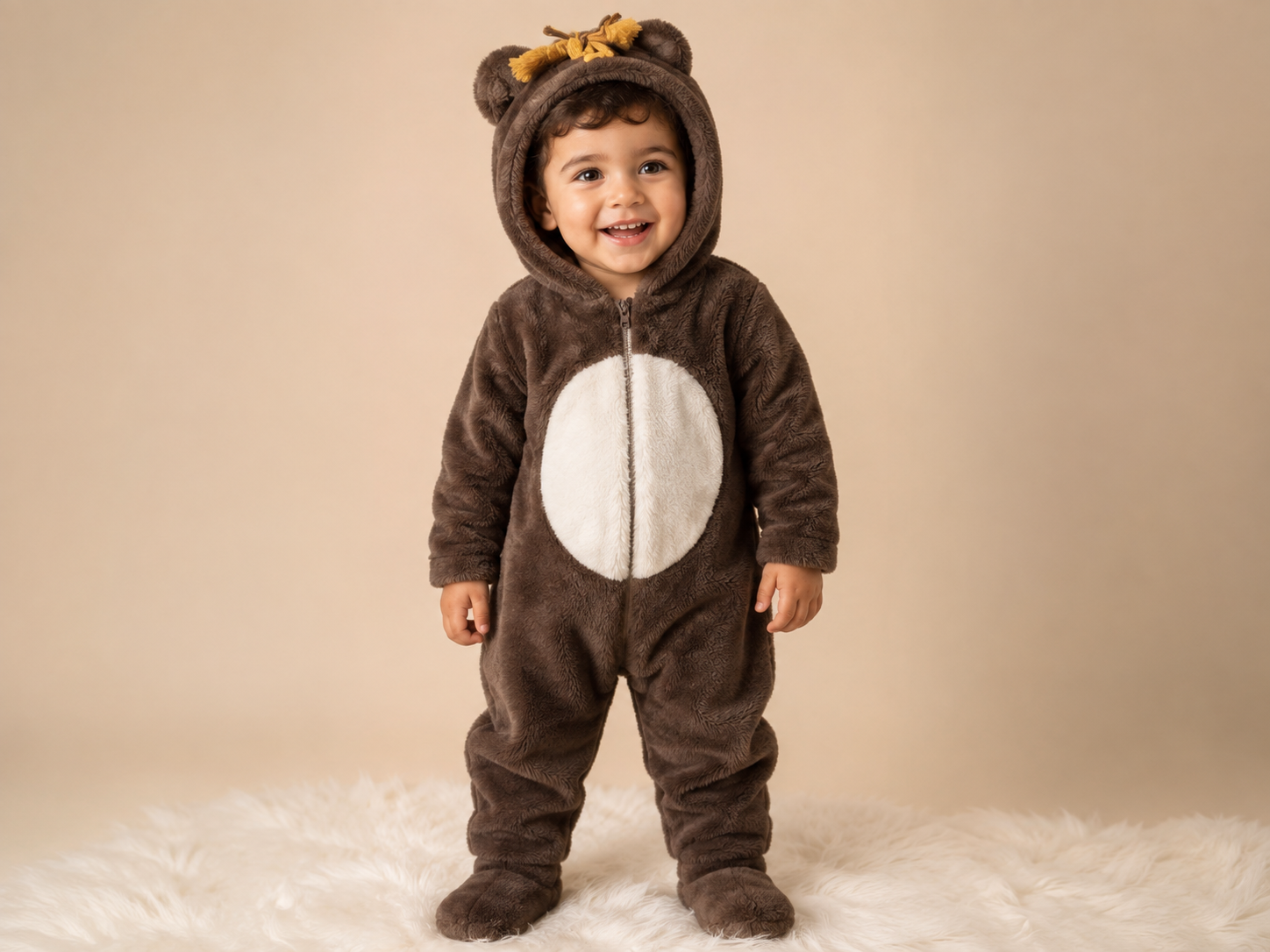  Disney Baby Brown Bear Hooded Fleece Romper. Soft plush fabric, zip-front closure, and cozy winter comfort make it perfect for babies and toddlers.