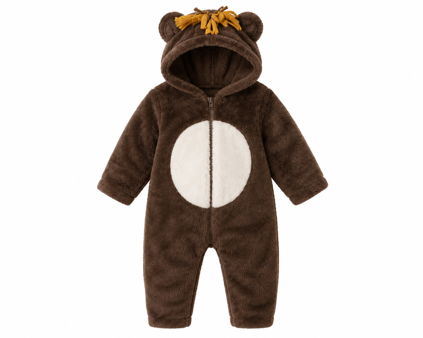  Disney Baby Brown Bear Hooded Fleece Romper. Soft plush fabric, zip-front closure, and cozy winter comfort make it perfect for babies and toddlers.