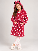 Disney Girls Minnie Mouse Print Hooded Fleece Dressing Gown