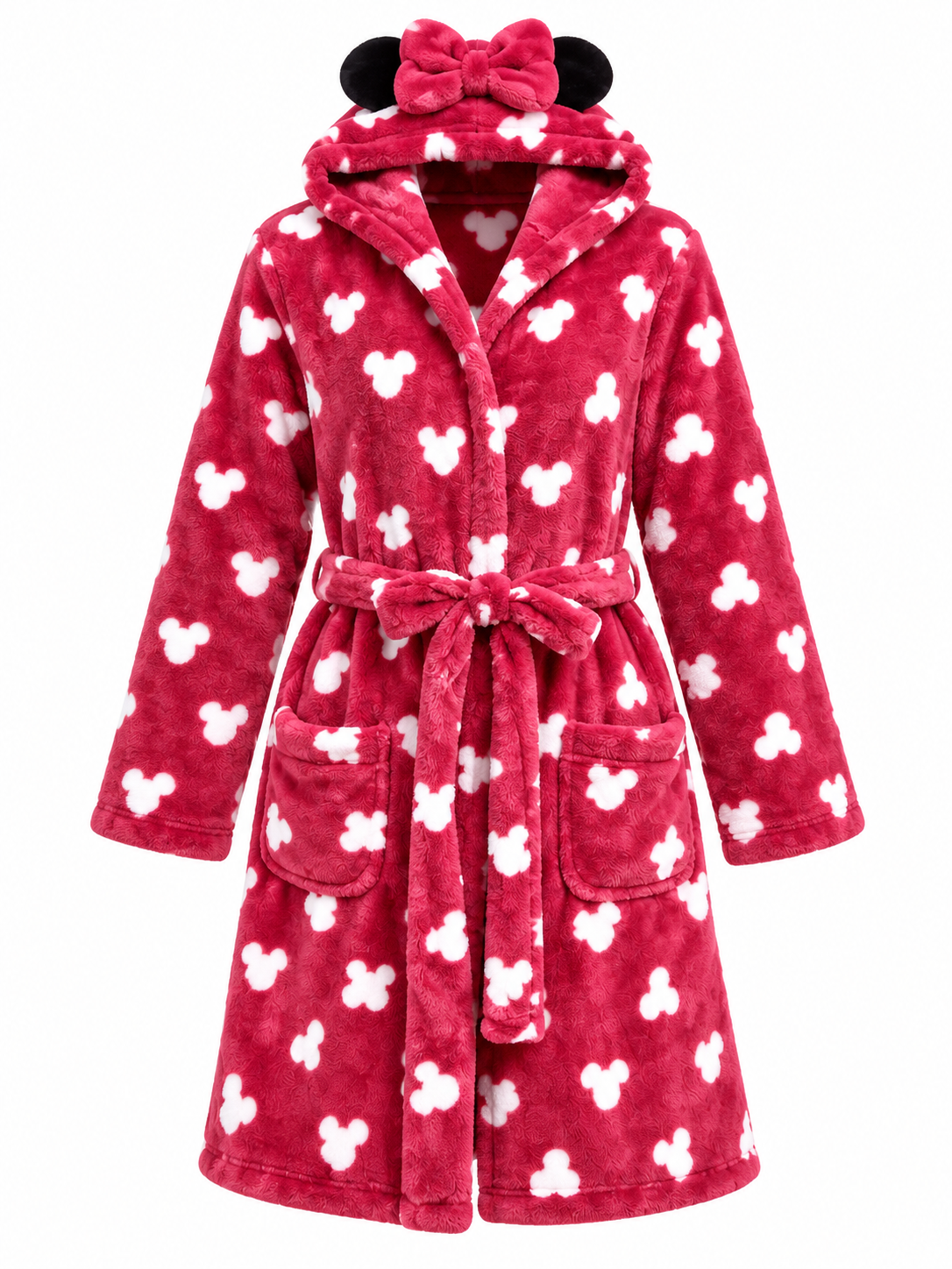 Disney Girls Pink Minnie Mouse Hooded Fleece Dressing Gown, UK Size 8–10 Years. Soft, cosy nightwear with cute ears, bow, belt and pockets.