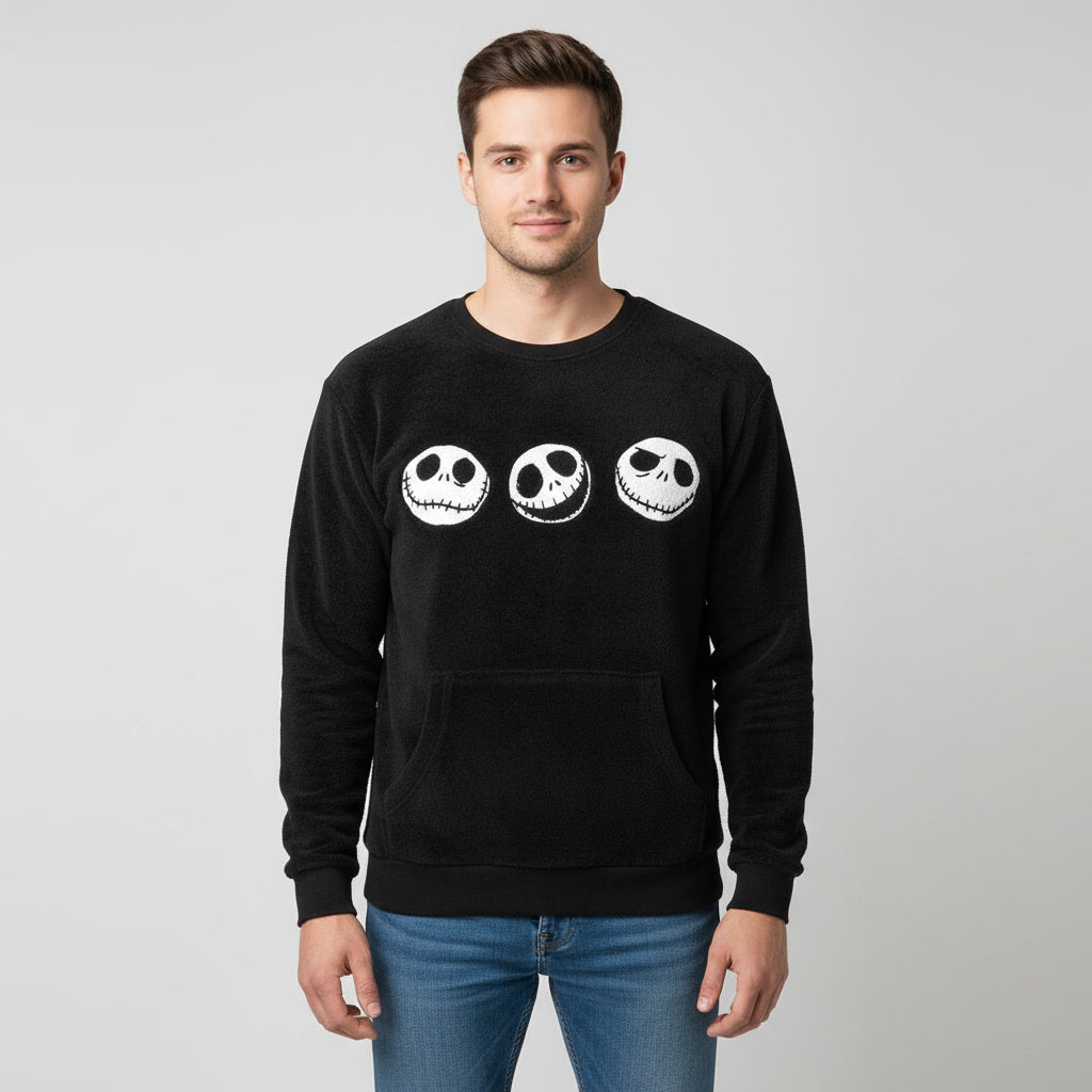 Disney men’s black fleece graphic sweatshirt in UK Size M, featuring three white character faces, long sleeves and a kangaroo pocket.
