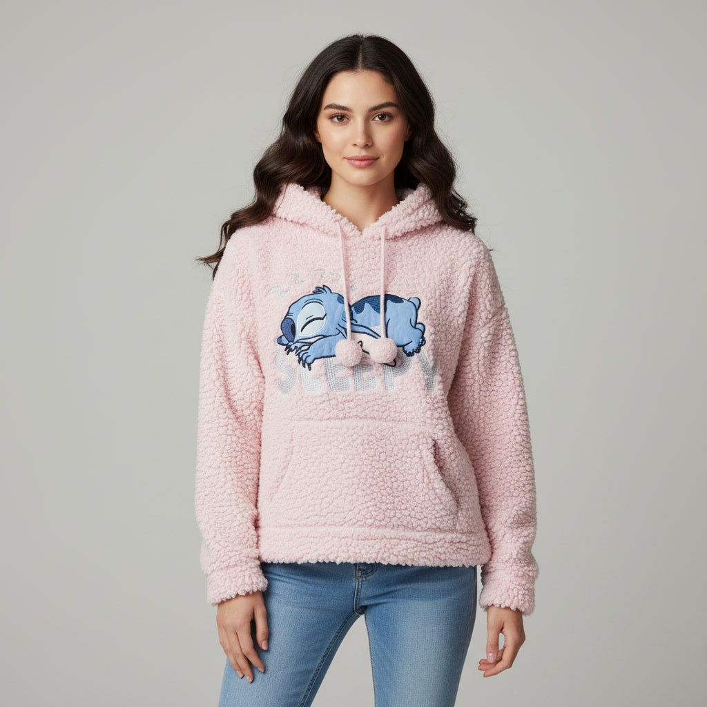 Disney Stitch Sleepy Pink Fluffy Teddy Fleece Hoodie for Women in UK Size S. Soft, cozy, stylish and perfect for winter. Shop now!