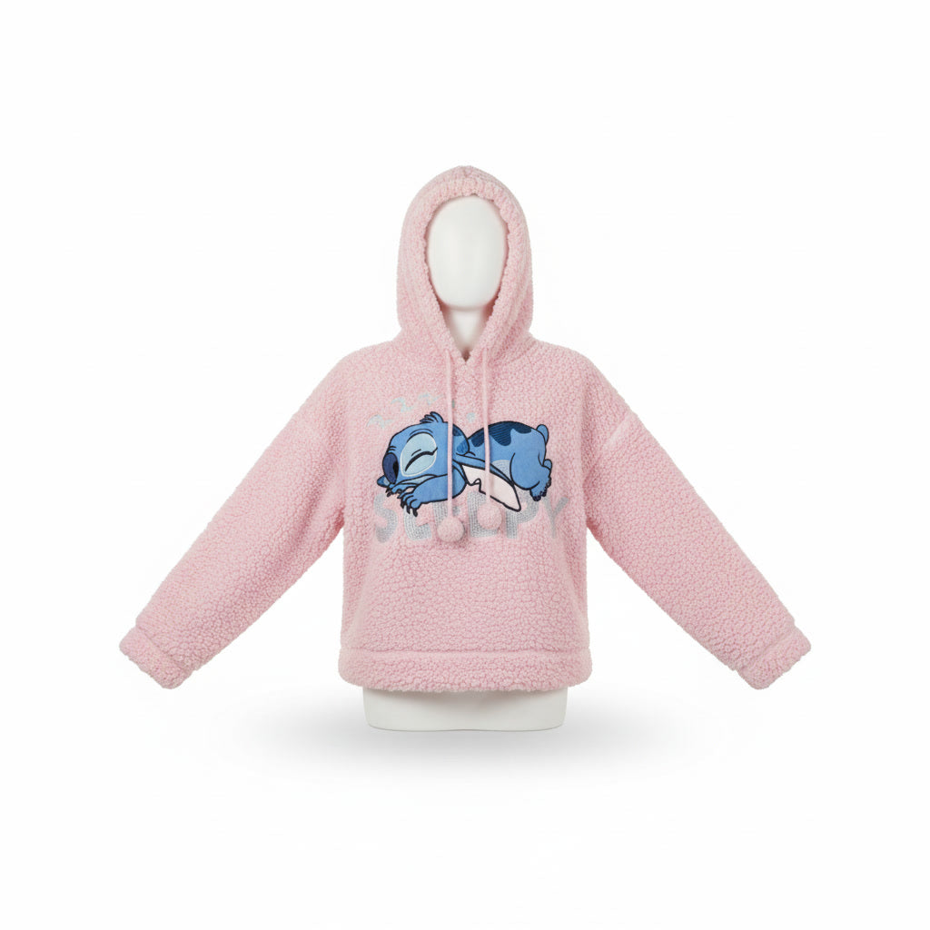 Disney Stitch Sleepy Pink Fluffy Teddy Fleece Hoodie for Women in UK Size S. Soft, cozy, stylish and perfect for winter. Shop now!