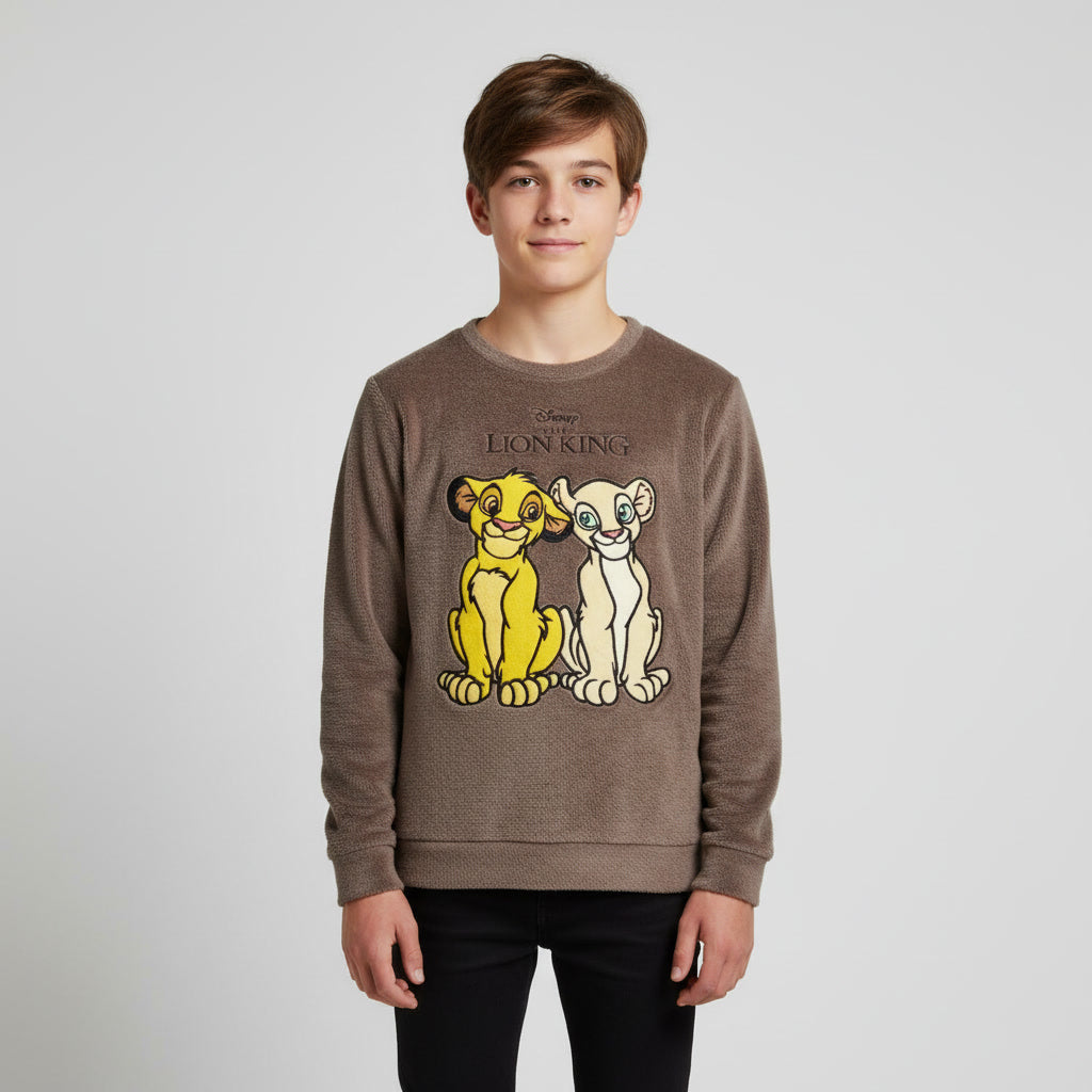Disney The Lion King boys' fleece sweatshirt in brownish grey, UK size 14–15 years. Soft, cozy Simba & Nala winter jumper for everyday wear.