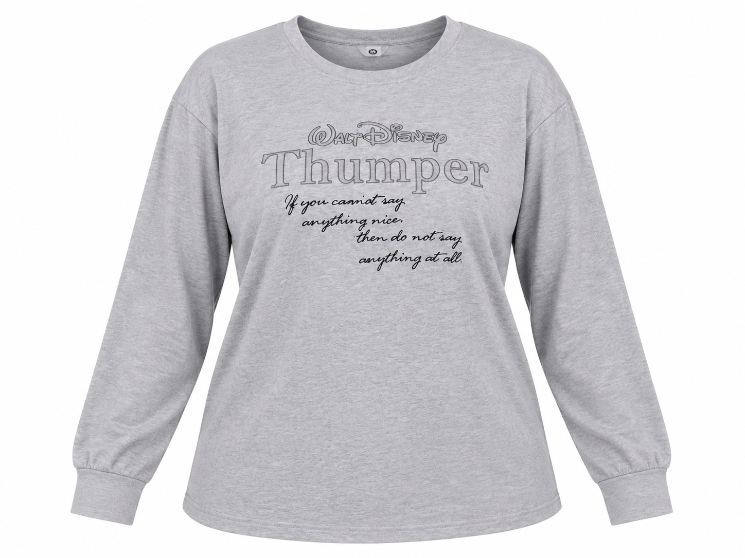 this Disney Thumper women’s grey sweatshirt in UK Size 2XL, featuring a classic slogan graphic, long sleeves and a comfortable relaxed fit.