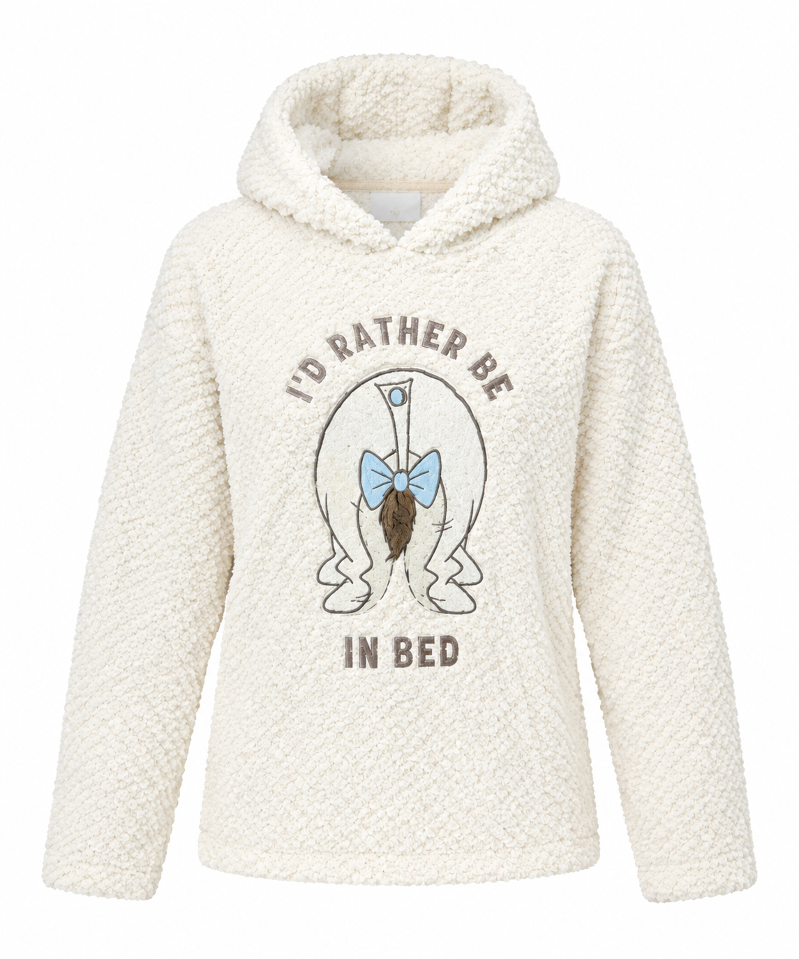 Disney women’s cream sherpa fleece hoodie in UK size M, featuring a cosy hood, soft fluffy texture and fun “I’d Rather Be In Bed” graphic.