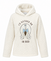 Disney women’s cream sherpa fleece hoodie in UK size M, featuring a cosy hood, soft fluffy texture and fun “I’d Rather Be In Bed” graphic.