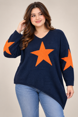 DIVERSE Women Navy Blue & Orange Star Print V-Neck Knitted Jumper