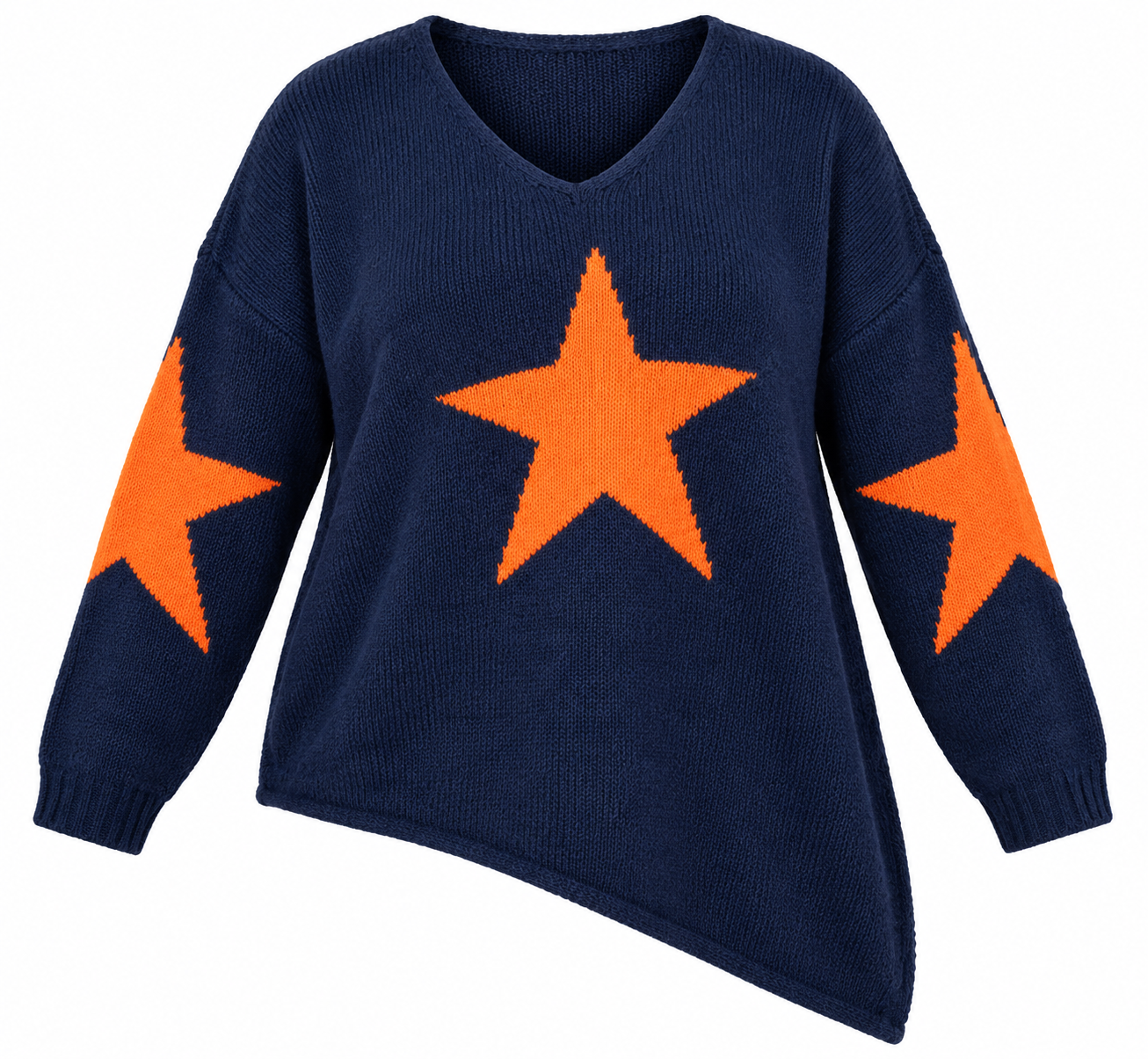  DIVERSE Women's Navy Blue & Orange Star Knitted Jumper in UK Size 4XL. Stylish plus-size V-neck knitwear with a relaxed fit and asymmetric hem.