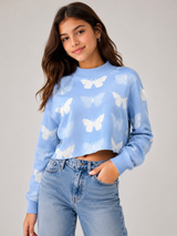 DIVIDED Blue Butterfly Print Cropped Knit Sweater for Girls