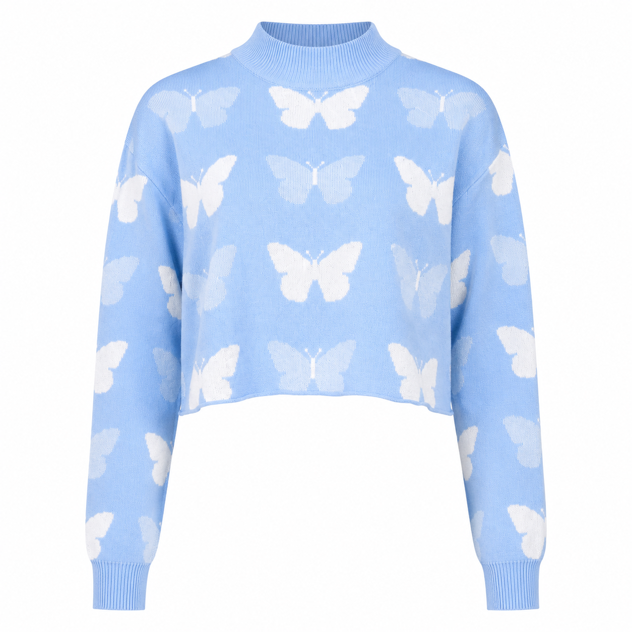  DIVIDED blue butterfly print cropped knit sweater in UK Size S. Stylish long-sleeve design with a pastel blue finish, perfect for casual girls' outfits.