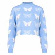  DIVIDED blue butterfly print cropped knit sweater in UK Size S. Stylish long-sleeve design with a pastel blue finish, perfect for casual girls' outfits.