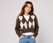  DIVIDED Girls Brown Argyle Cropped Knit Cardigan in UK Size M. Stylish diamond pattern, button front and long sleeves for a trendy casual look.