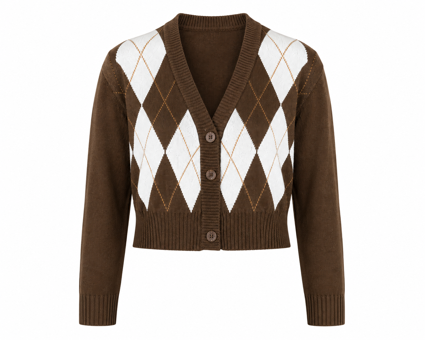  DIVIDED Girls Brown Argyle Cropped Knit Cardigan in UK Size M. Stylish diamond pattern, button front and long sleeves for a trendy casual look.