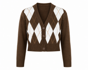  DIVIDED Girls Brown Argyle Cropped Knit Cardigan in UK Size M. Stylish diamond pattern, button front and long sleeves for a trendy casual look.