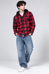 Divided Men's Red & Black Check Hooded Flannel Shirt