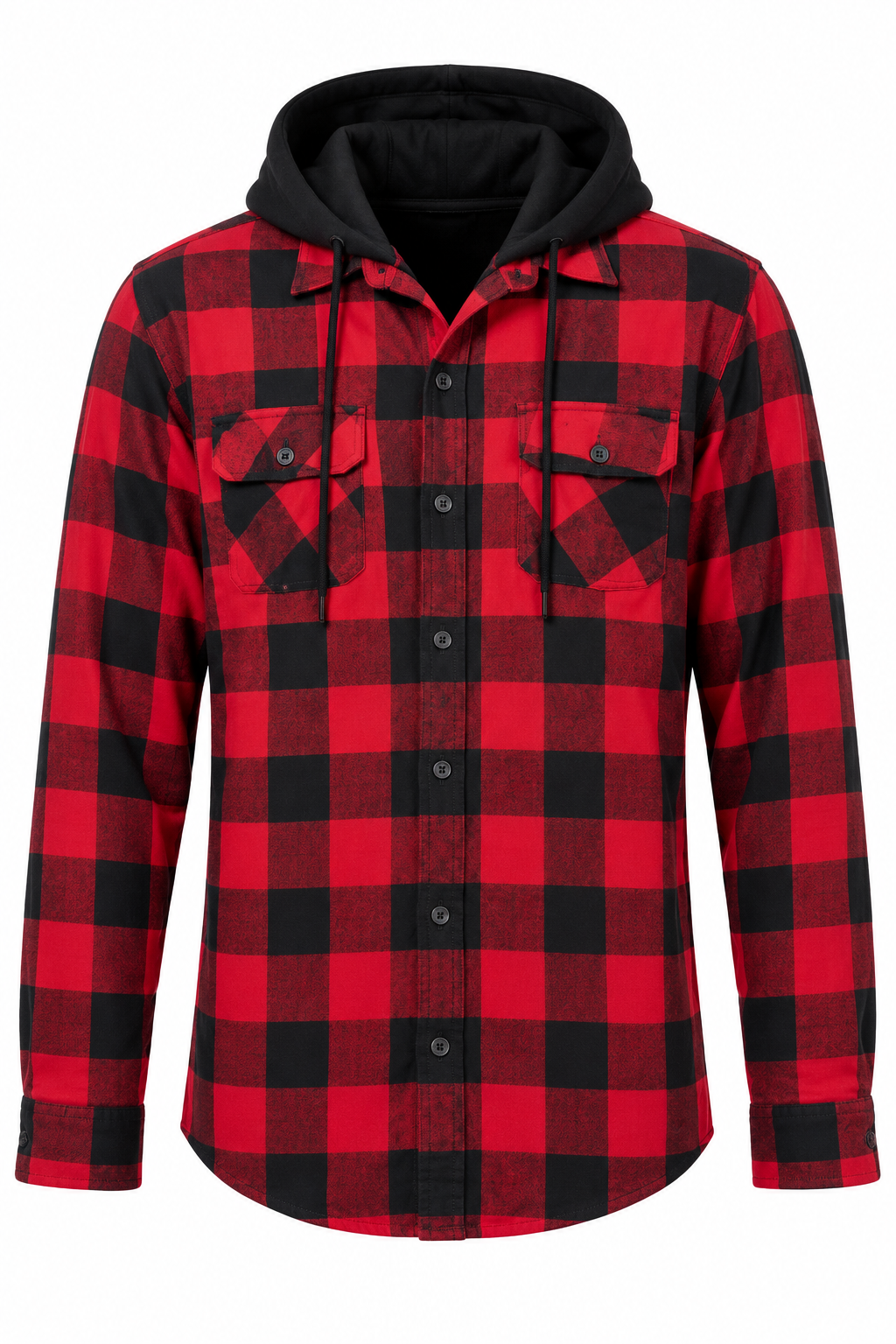 Divided Men's Red & Black Check Hooded Flannel Shirt in UK Size S. Stylish long sleeve button-up shacket, perfect for casual Gen Z streetwear.