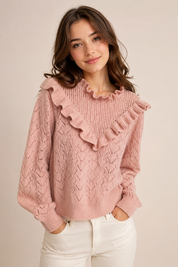  DIVIDED pink ruffle knit jumper, featuring an elegant openwork design and feminine ruffle detailing. UK Size L, perfect for stylish everyday outfits.