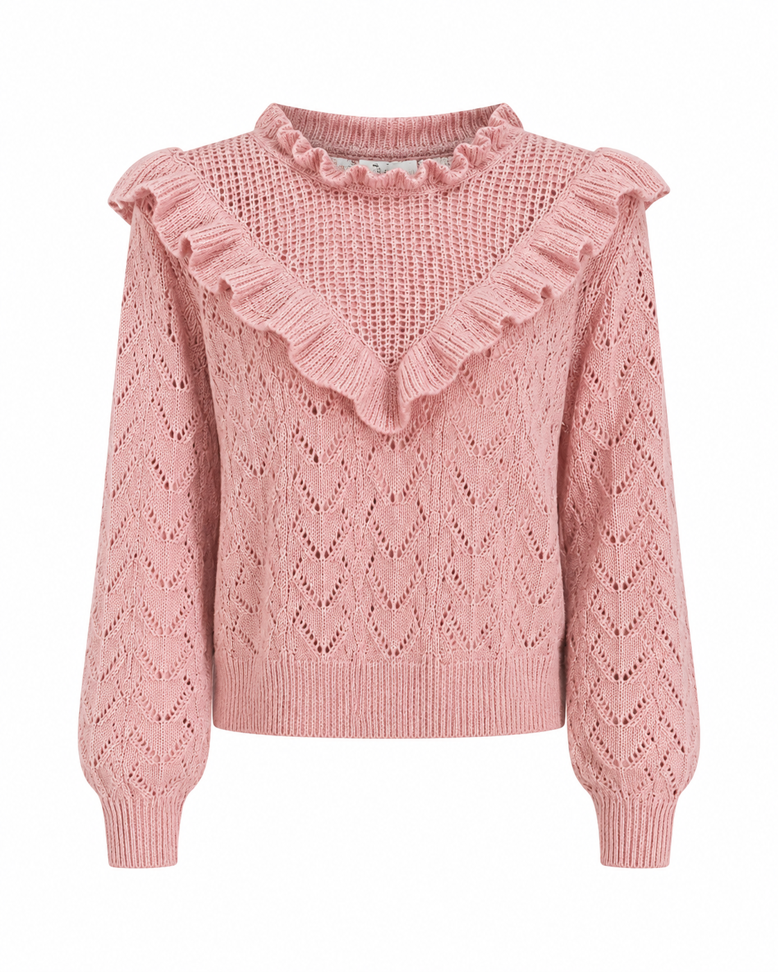  DIVIDED pink ruffle knit jumper, featuring an elegant openwork design and feminine ruffle detailing. UK Size L, perfect for stylish everyday outfits.