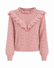  DIVIDED pink ruffle knit jumper, featuring an elegant openwork design and feminine ruffle detailing. UK Size L, perfect for stylish everyday outfits.