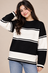 DIVIDED Women Black & White Striped Knit Jumper