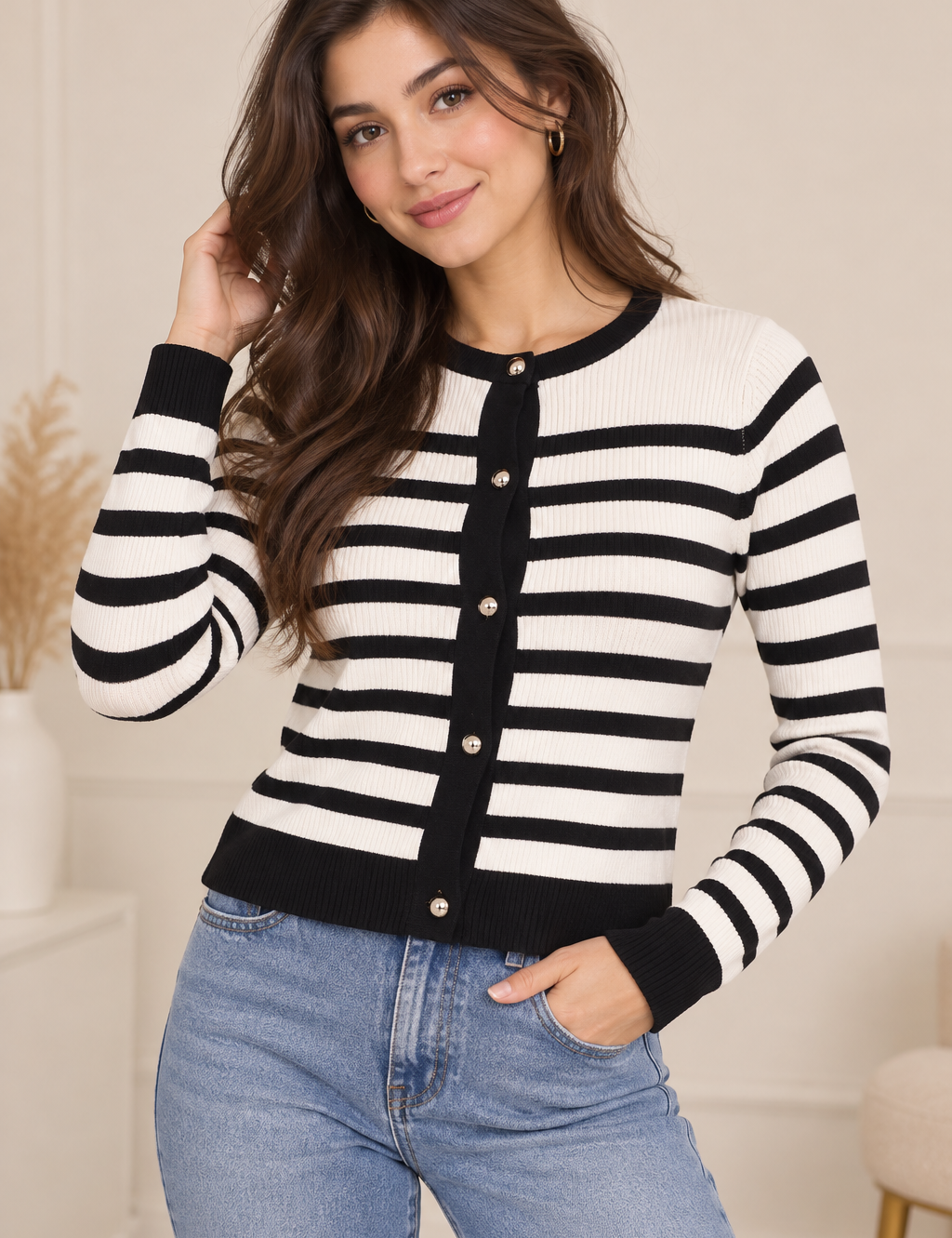  Divided women’s black & white striped ribbed cardigan in UK Size XS. Classic button-front design, long sleeves and versatile everyday styling.