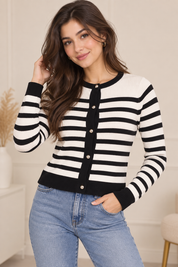  Divided women’s black & white striped ribbed cardigan in UK Size XS. Classic button-front design, long sleeves and versatile everyday styling.