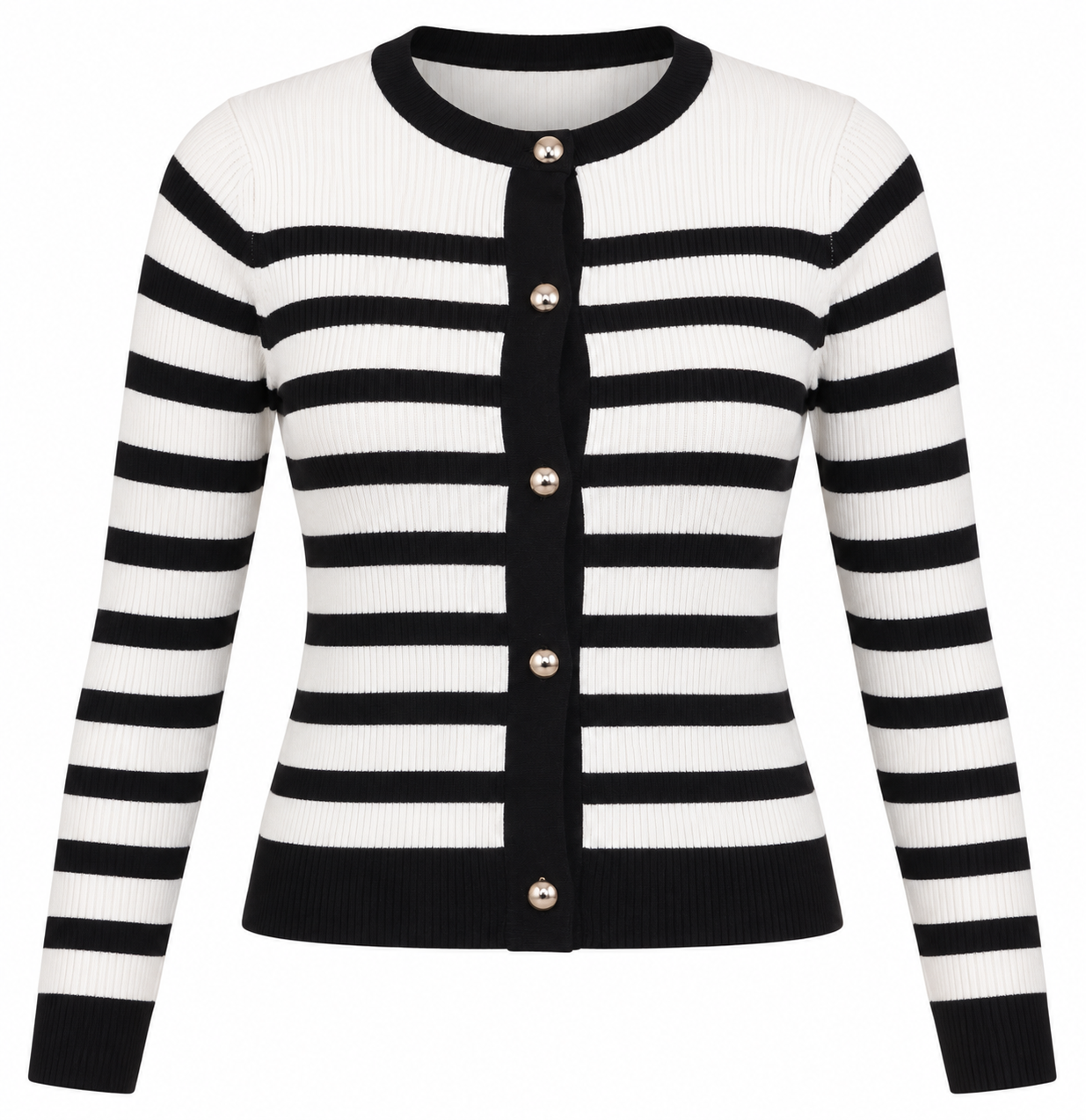  Divided women’s black & white striped ribbed cardigan in UK Size XS. Classic button-front design, long sleeves and versatile everyday styling.