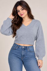 DIVIDED Women Grey V-Neck Cropped Knit Jumper