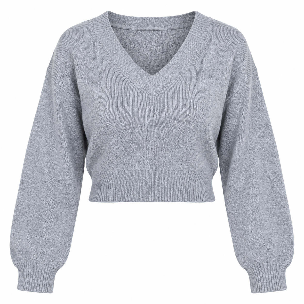 DIVIDED Women's Grey V-Neck Cropped Knit Jumper in UK Size L. Stylish long sleeve sweater with ribbed cuffs, perfect for casual everyday outfits.