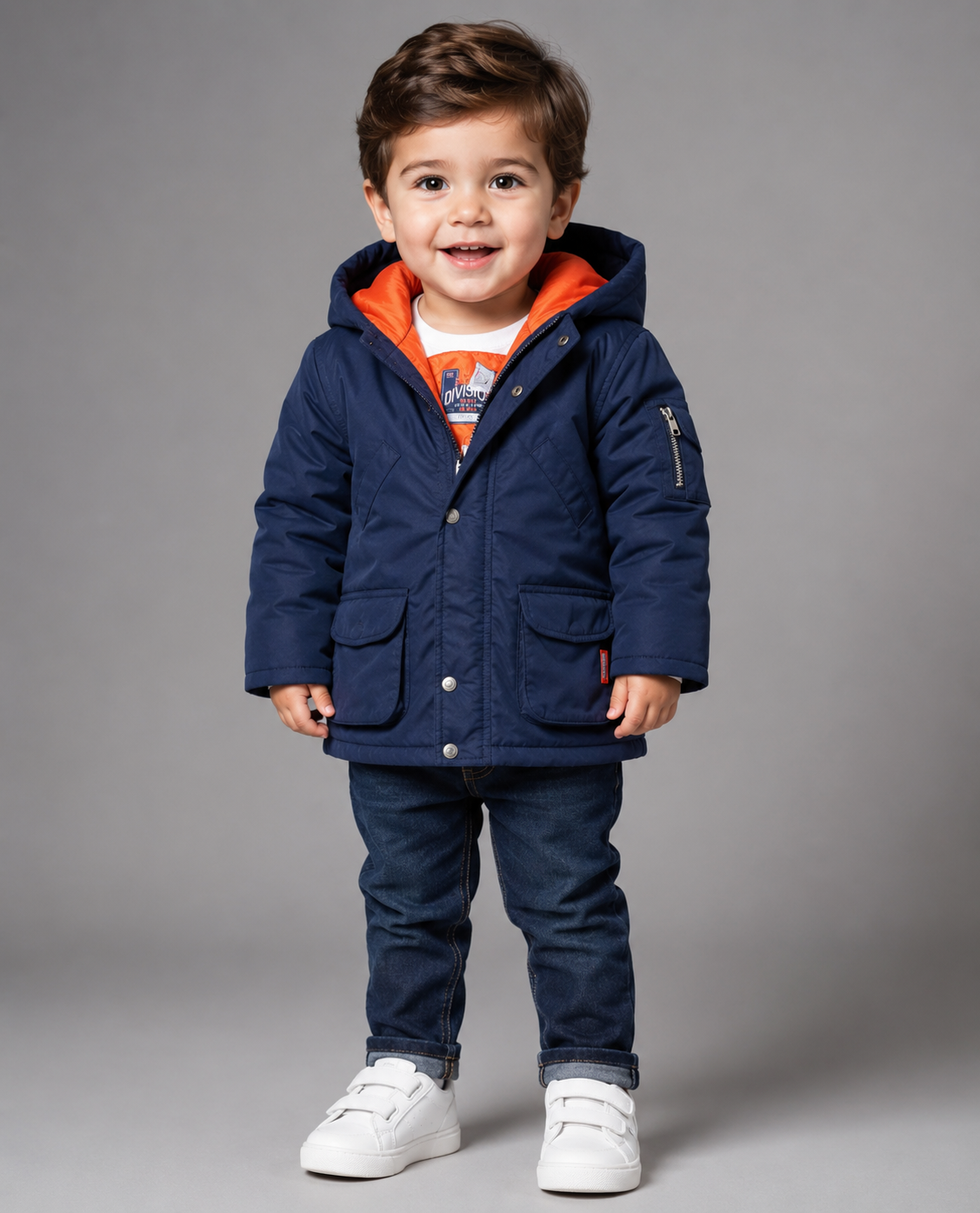 DIVISION Boys Navy Hooded Winter Jacket featuring warm insulation, orange inner lining, fixed hood, zip and snap closure, and practical pockets. Perfect for winter, school, travel, and everyday wear.