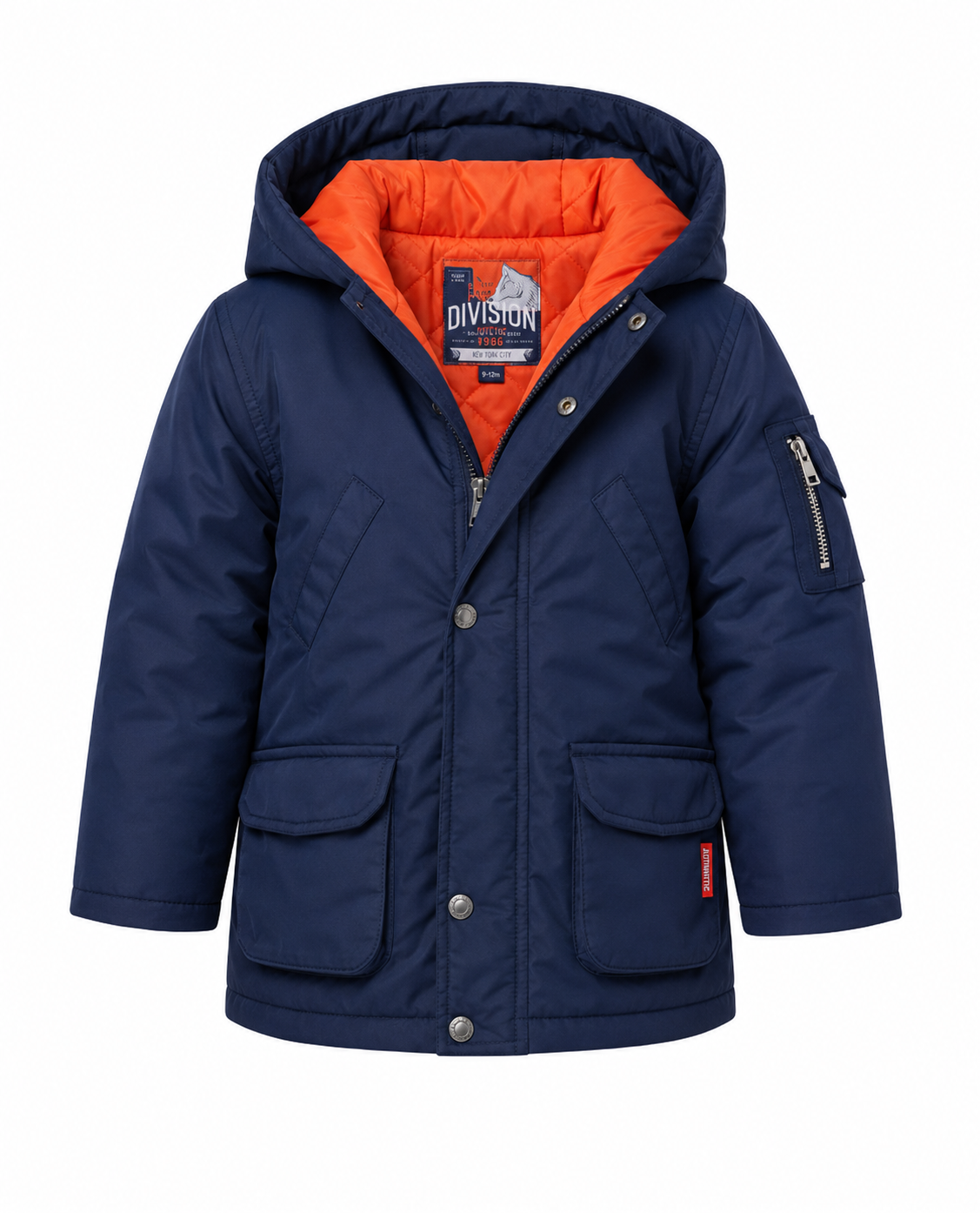 DIVISION Boys Navy Hooded Winter Jacket featuring warm insulation, orange inner lining, fixed hood, zip and snap closure, and practical pockets. Perfect for winter, school, travel, and everyday wear.