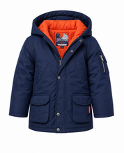 DIVISION Boys Navy Hooded Winter Jacket featuring warm insulation, orange inner lining, fixed hood, zip and snap closure, and practical pockets. Perfect for winter, school, travel, and everyday wear.