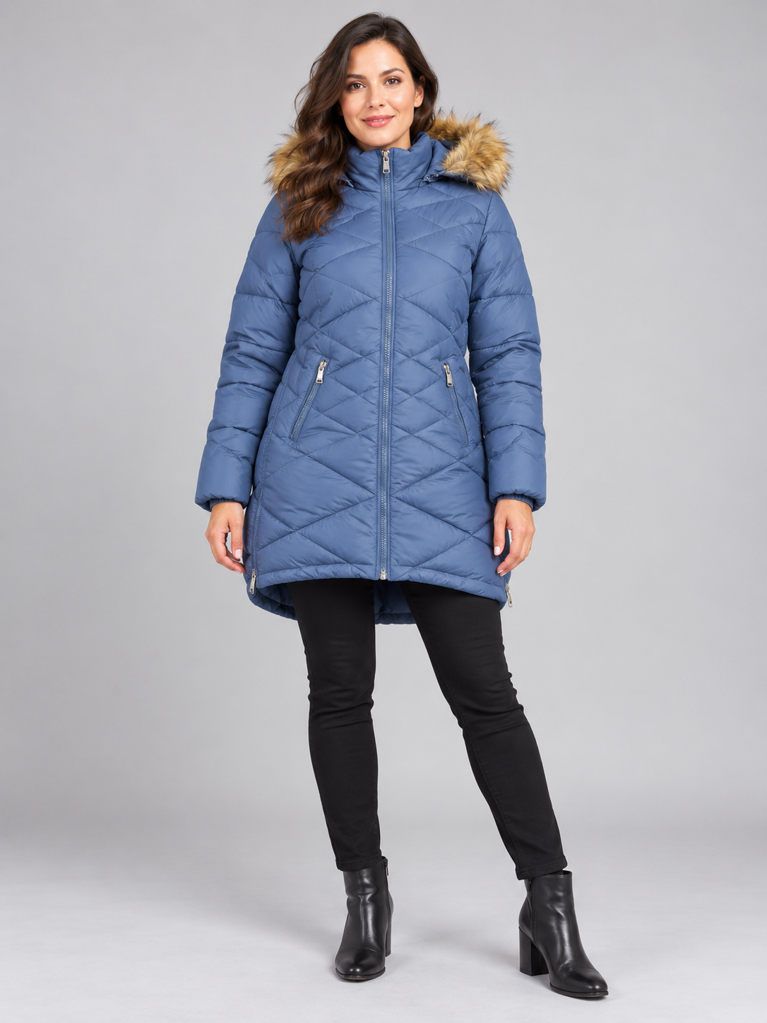   DKNY Jeans women’s dusty blue quilted puffer coat in UK M, featuring a faux fur-trimmed hood, zipped pockets and a curved hem.