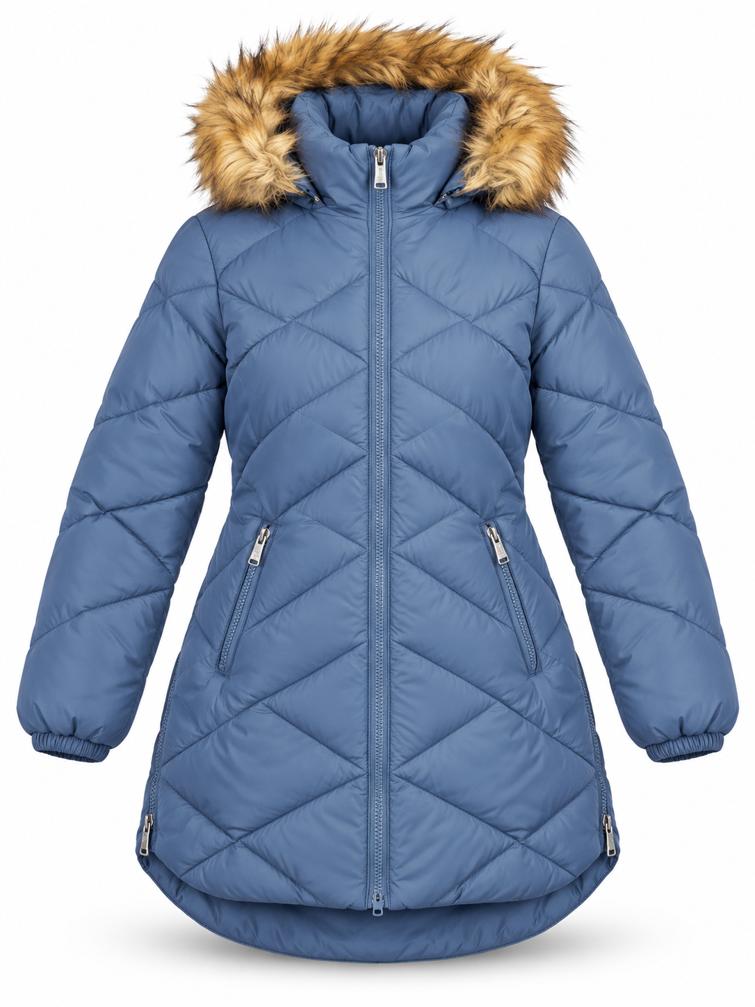   DKNY Jeans women’s dusty blue quilted puffer coat in UK M, featuring a faux fur-trimmed hood, zipped pockets and a curved hem.