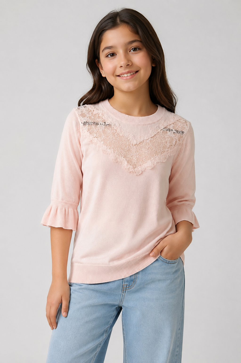 Dorothy Perkins girls’ pink lace detail jumper in UK size 10-12 years. Stylish knitted top with flared cuffs, perfect for everyday and smart-casual outfits.